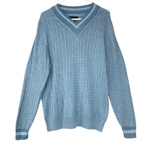 John W. Nordstrom Blue Cable Knit Sweater M Pullover V-Neck Long Sleeve Silk Mix